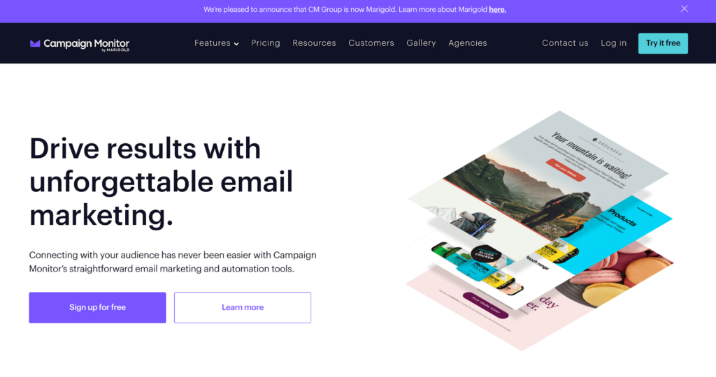Početna stranica Campaign Monitor-a, učinkovit sustav za upravljanje e-poštom i marketing