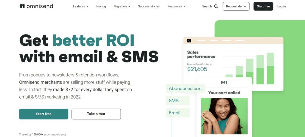 Početna stranica Omnisend, e-commerce platforma za e-mail marketing