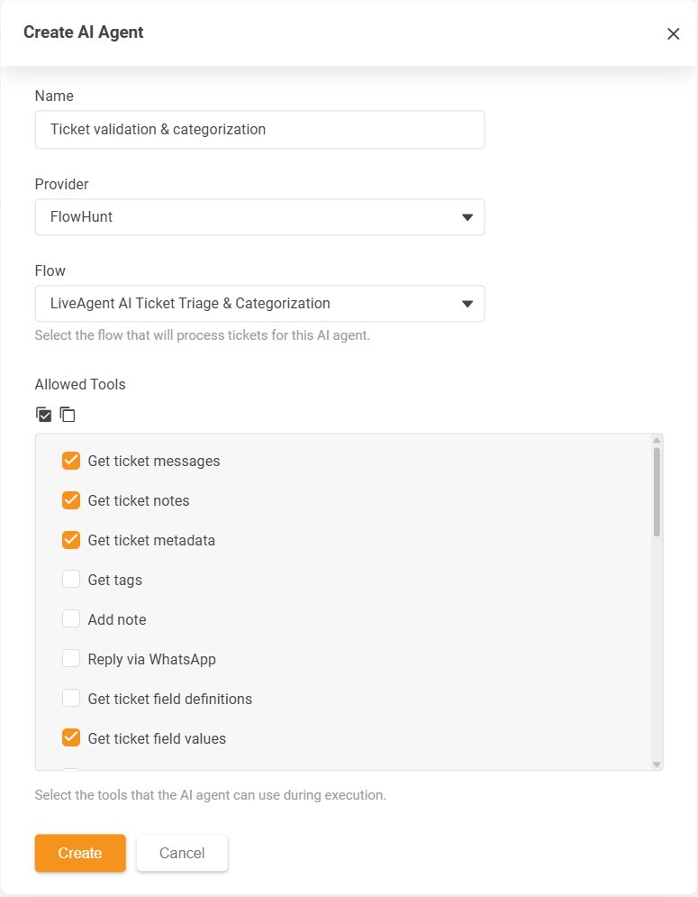 LiveAgent Create AI Agent dialog with the Allowed Tools list of permitted actions