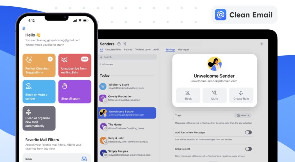 Početna stranica Clean Email-a