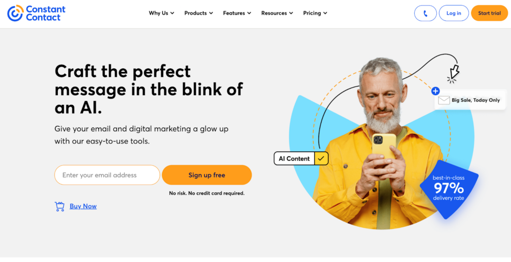 Početna stranica Constant Contact-a, softver za e-mail marketing i upravljanje