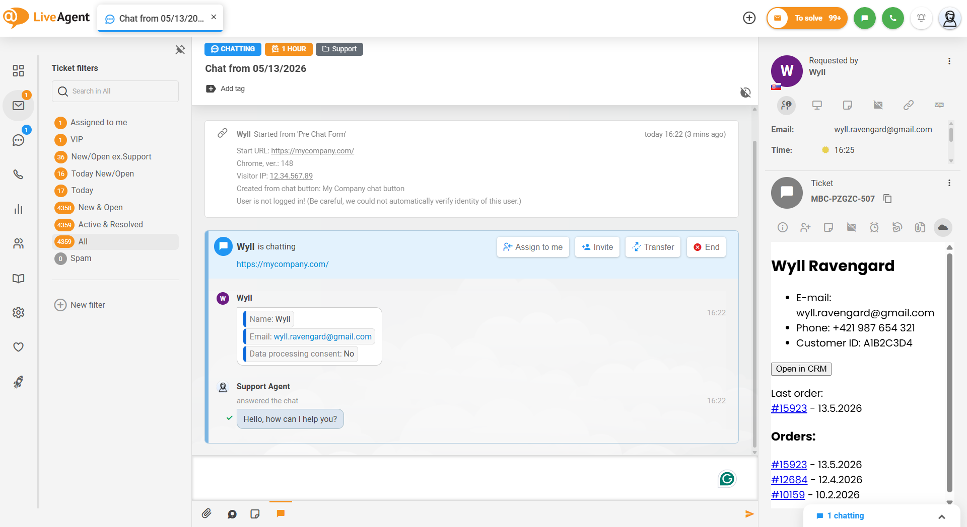 LiveAgent kartice s vanjskim informacijama o klijentima prikazane