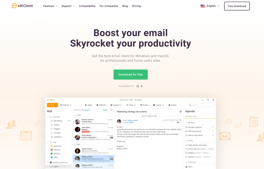 eM Client početna stranica