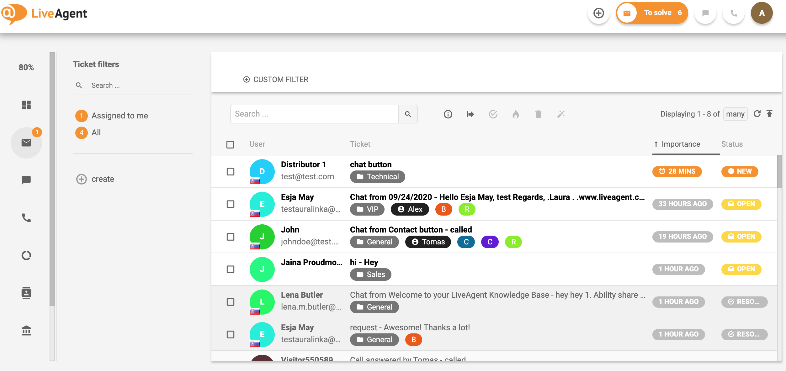 Pregled sučelja za tikete u LiveAgentu.