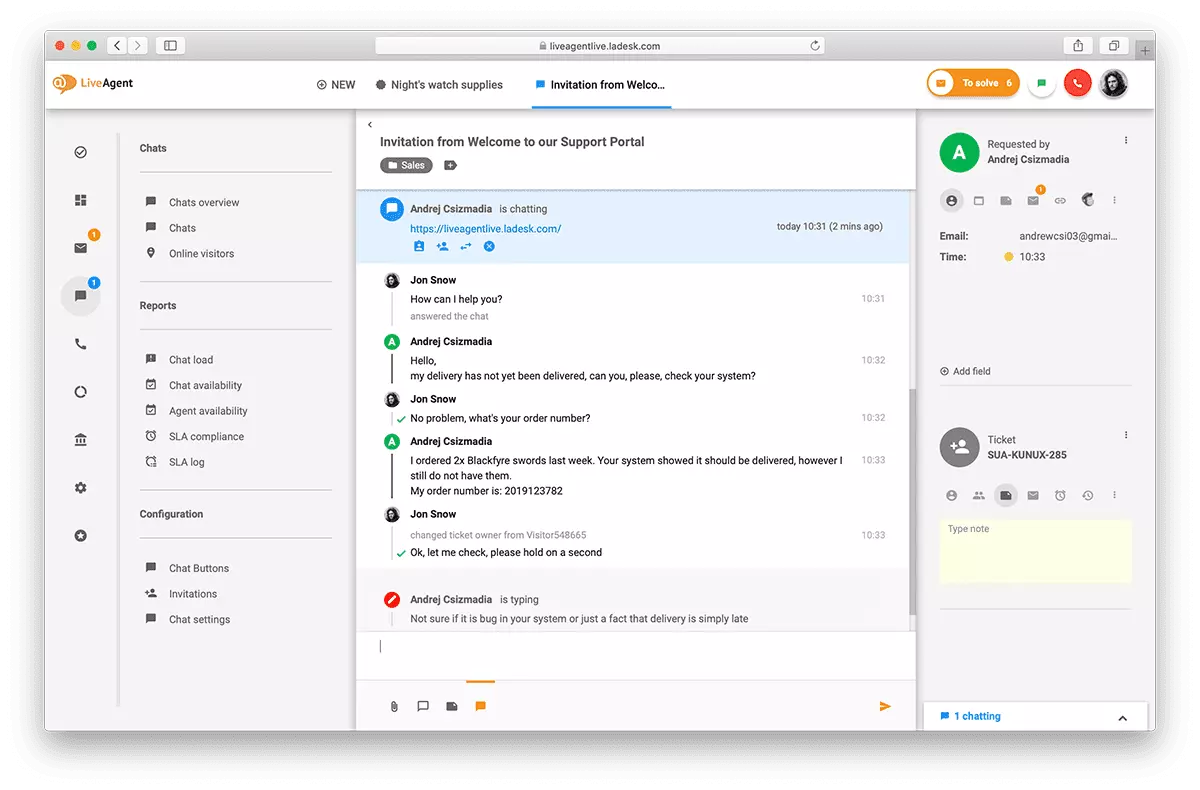 Pregled sučelja za live chat u LiveAgentu.