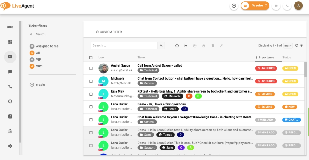 Pregled ticketing sučelja u LiveAgent-u.