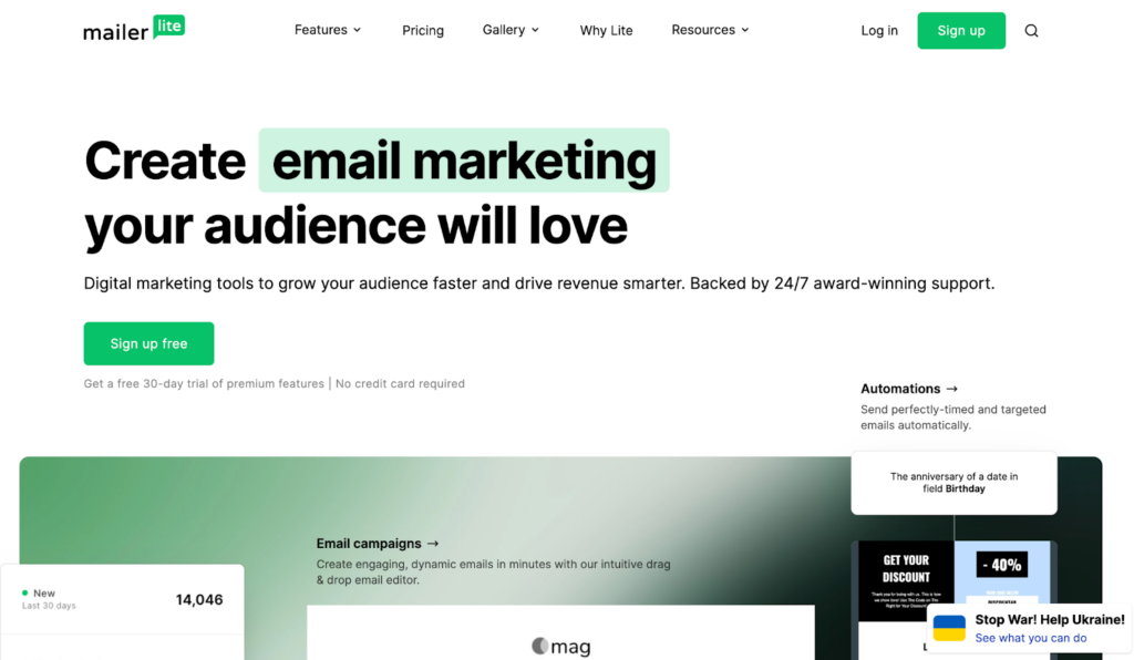 Početna stranica Mailerlite, prikladljiv sustav za upravljanje e-poštom