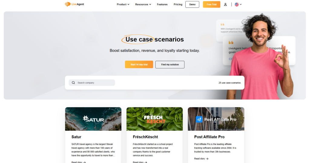 Snimak zaslona web-stranice LiveAgent gdje dijele priče o uspjehu svojih kupaca