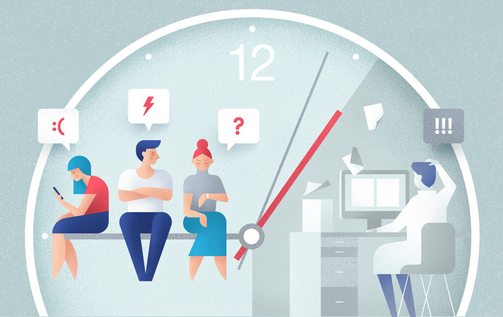 Ilustracija korisnika koji čekaju korisničku podršku