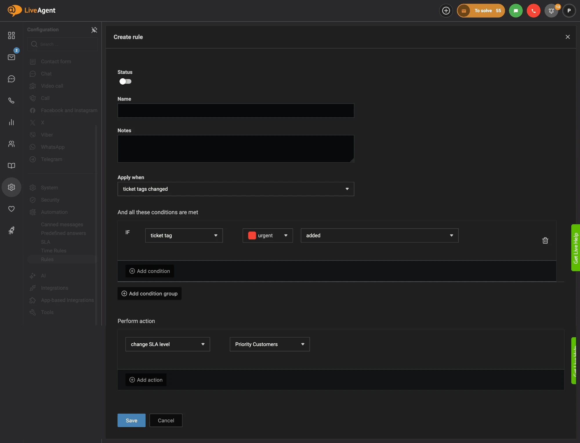 LiveAgent pravilo koje mijenja SLA razinu na Prioritetni korisnici kada se tiketu doda oznaka urgentno