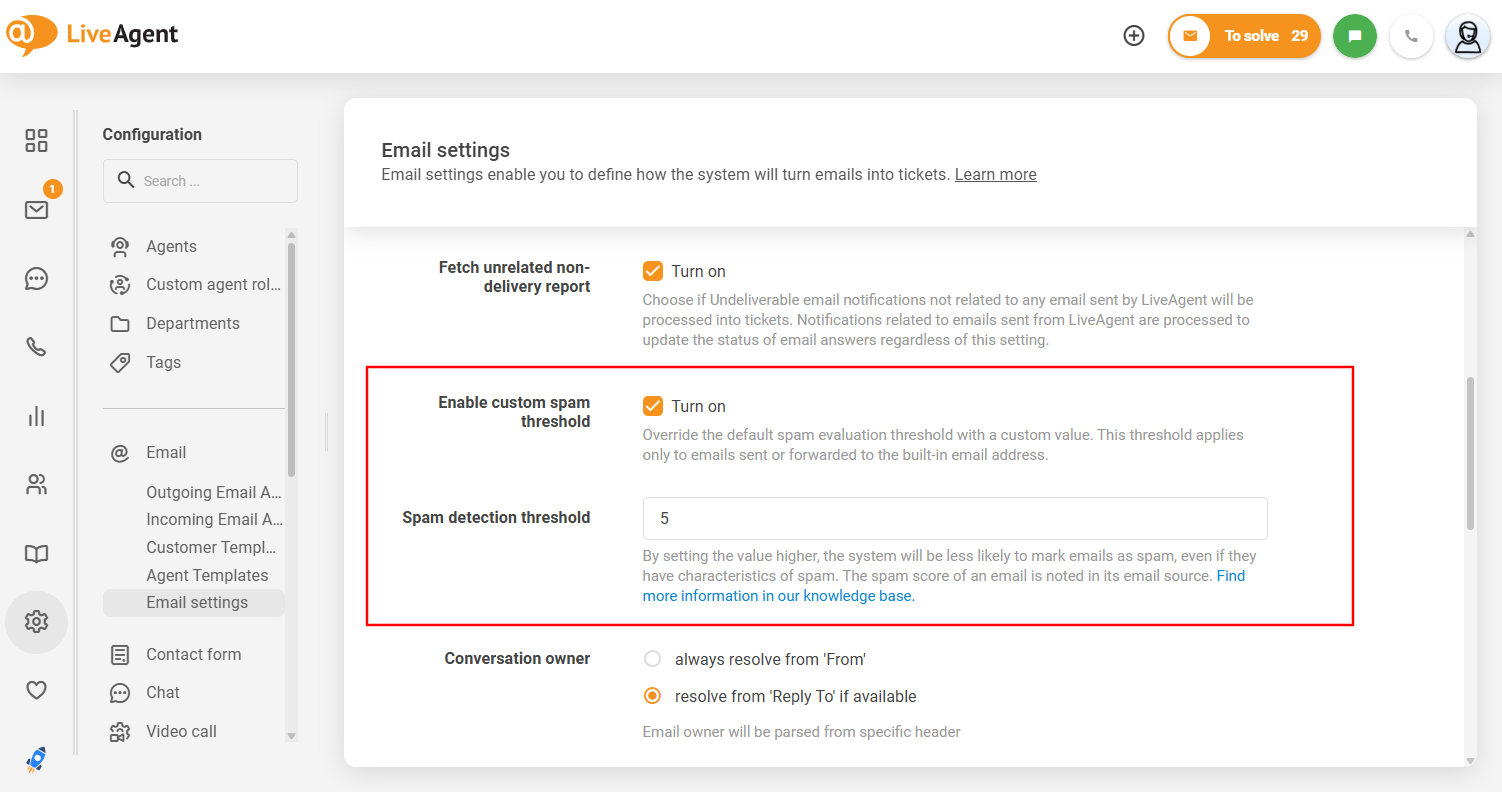Sučelje prilagodljiva praga neželjene pošte LiveAgenta