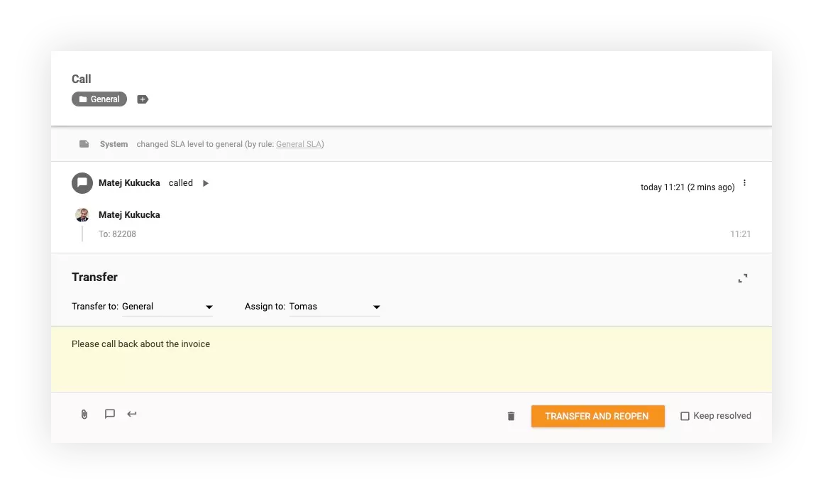 Snimka zaslona pokazuje kako prenijeti pozive u LiveAgent-u na druge odjele i agente