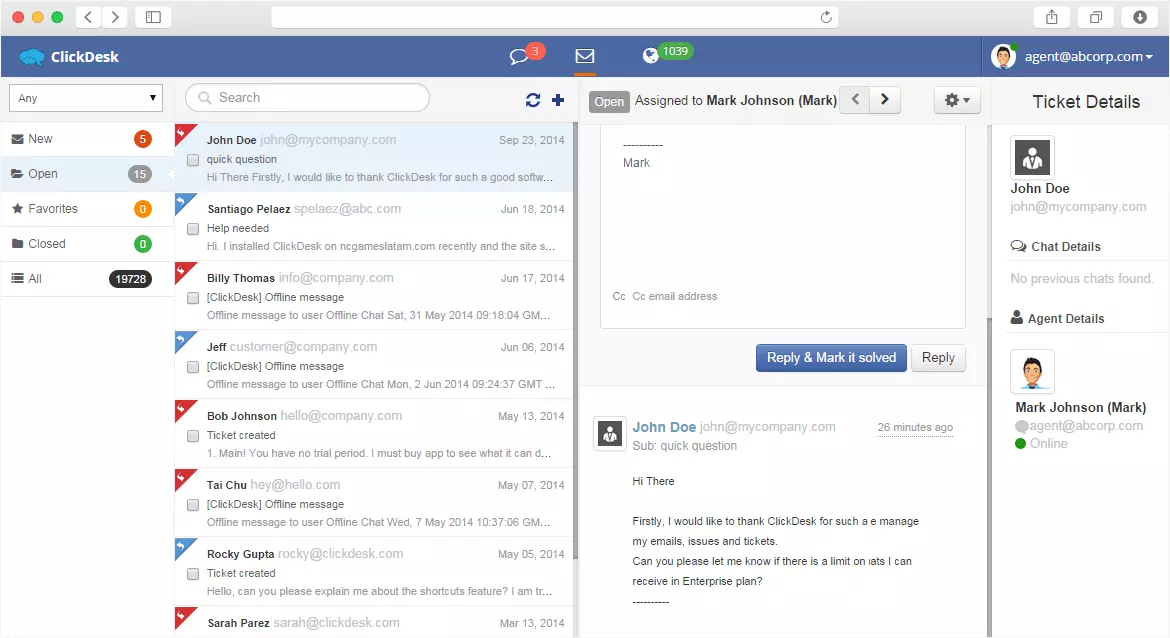 ClickDesk nadzorna ploča i live chat