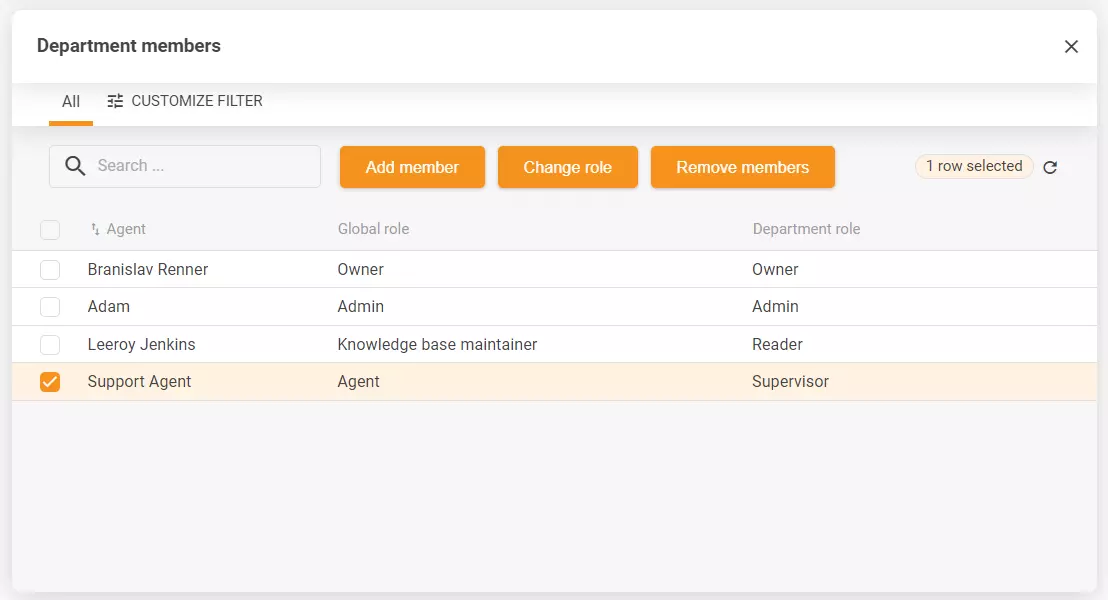 Snimak zaslona postavki odjela koji uključuje više mogućnosti konfiguracije