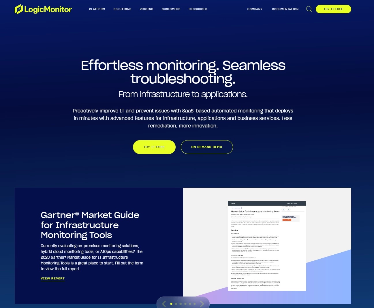 Snimak zaslona početne stranice LogicMonitor - IT platforma performansi za bez napora nadzor i rješavanje problema