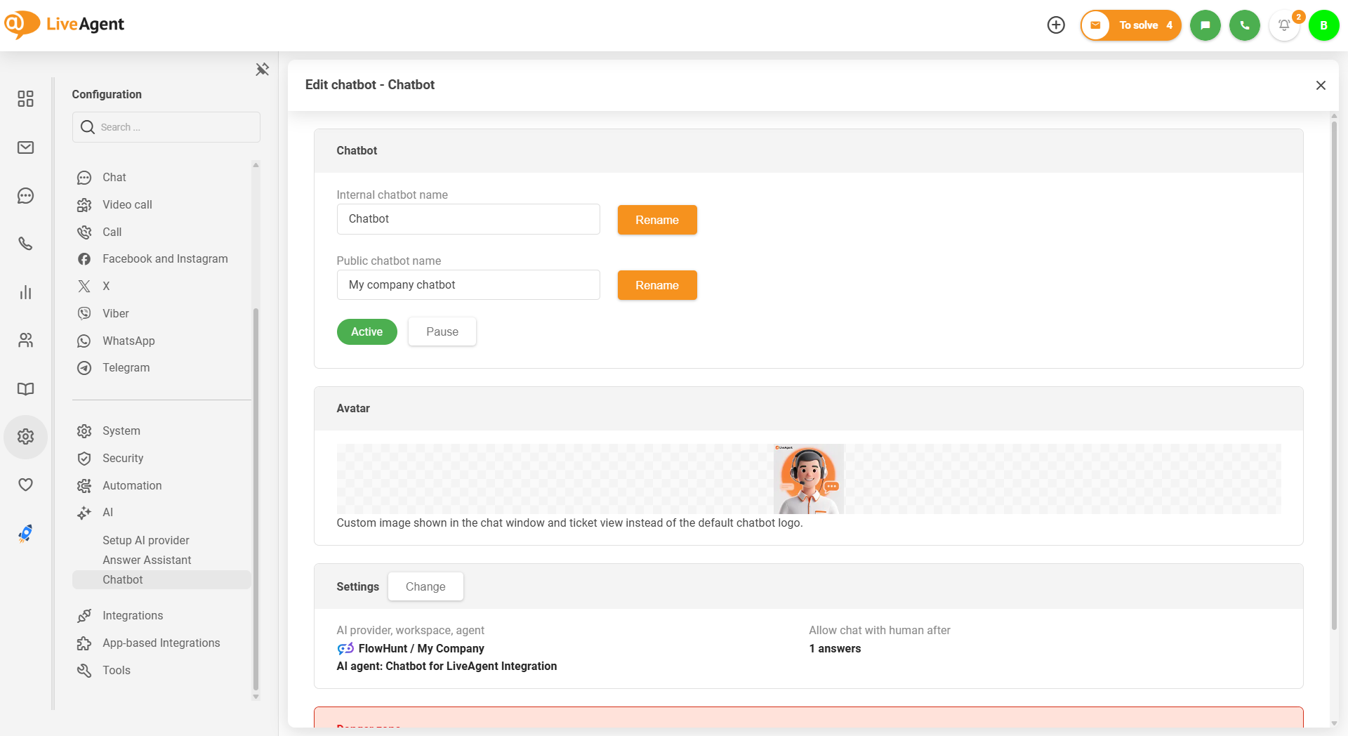LiveAgent AI chatbot s učitavanjem prilagođene slike avatara