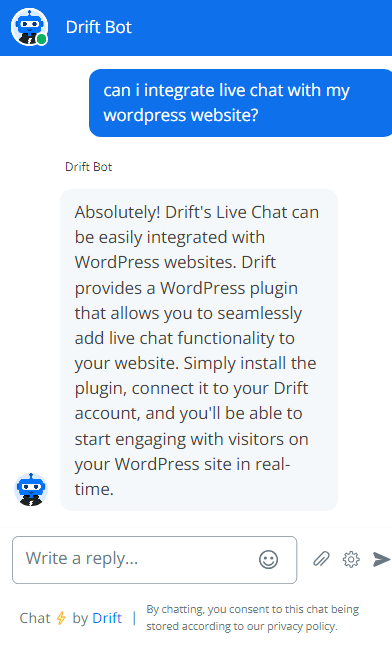 Slika Drift-ovog chatbot-a koji razgovara s kupcem kroz njihov live chat alat