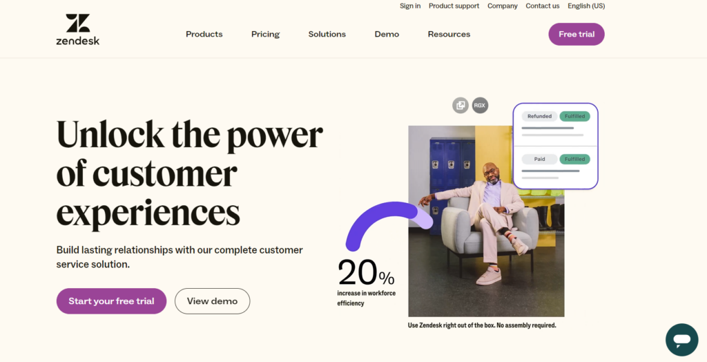 Snimak zaslona početne stranice Zendesk - popularna softvera za uslugu kupcima koja pojednostavljuje procese podrške kupcima