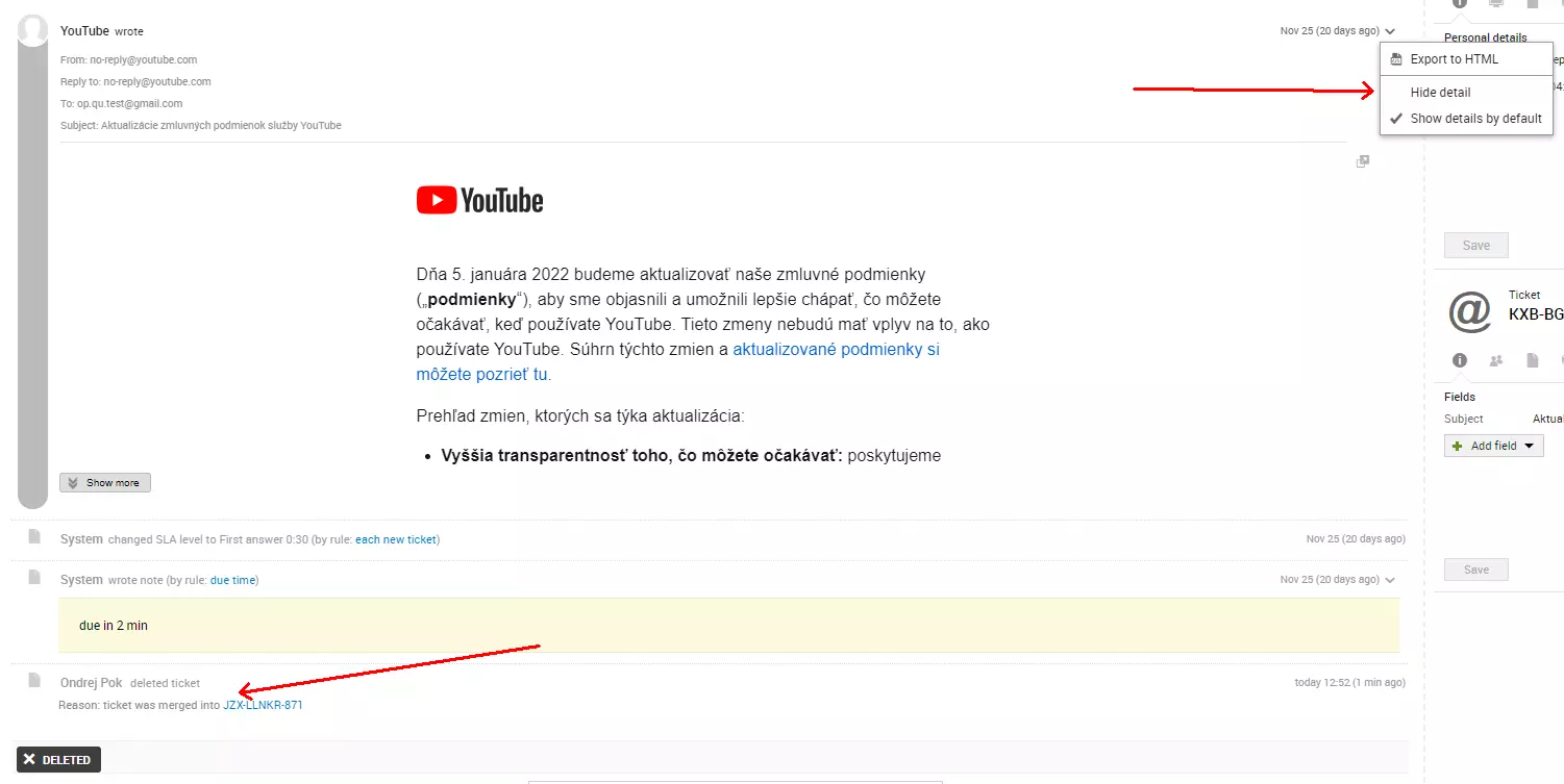 Slika koja pokazuje grešku izvora email-a nakon spajanja dvije kartice, problem prisutan u prethodnim verzijama LiveAgenta