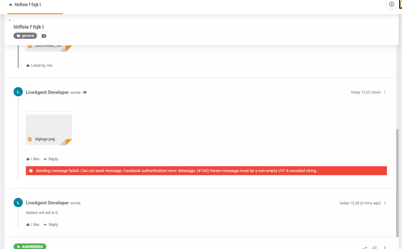 Poruka o grešci prilikom objave slike na Facebooku putem LiveAgenta