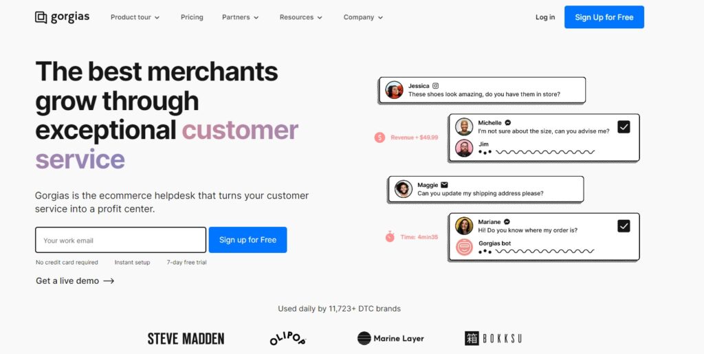 Gorgias početna stranica - softver za live chat e-commerce orijentiran na dobit