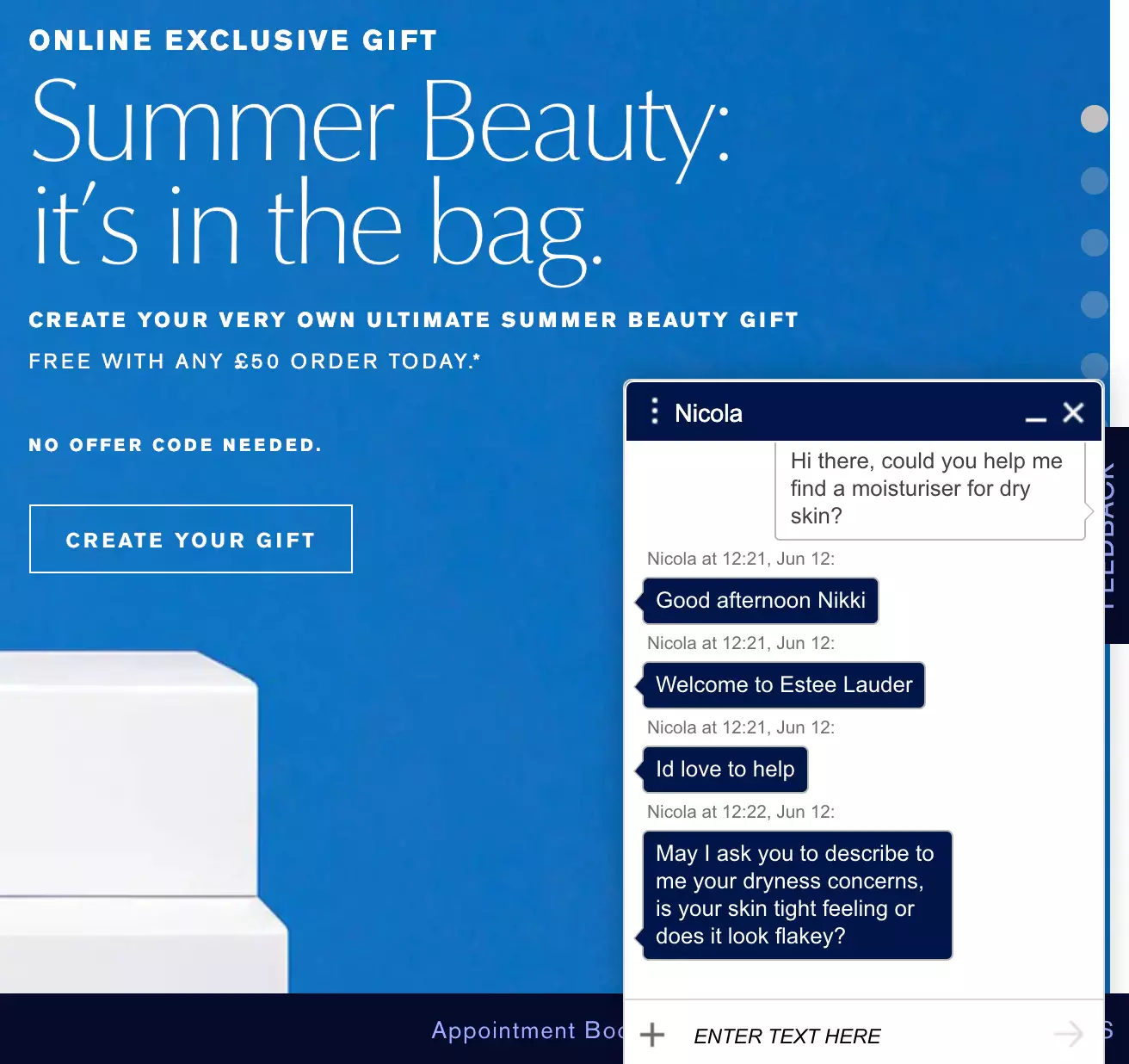 Primjer live chata Estee Lauder