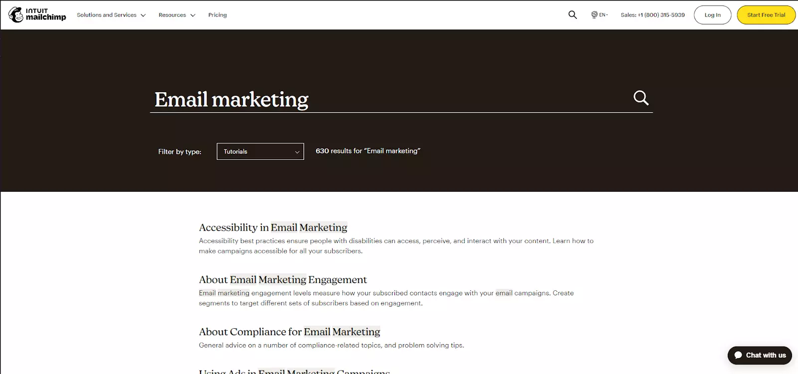 Primjer funkcije pretraživanja u Mailchimp-ovoj bazi znanja