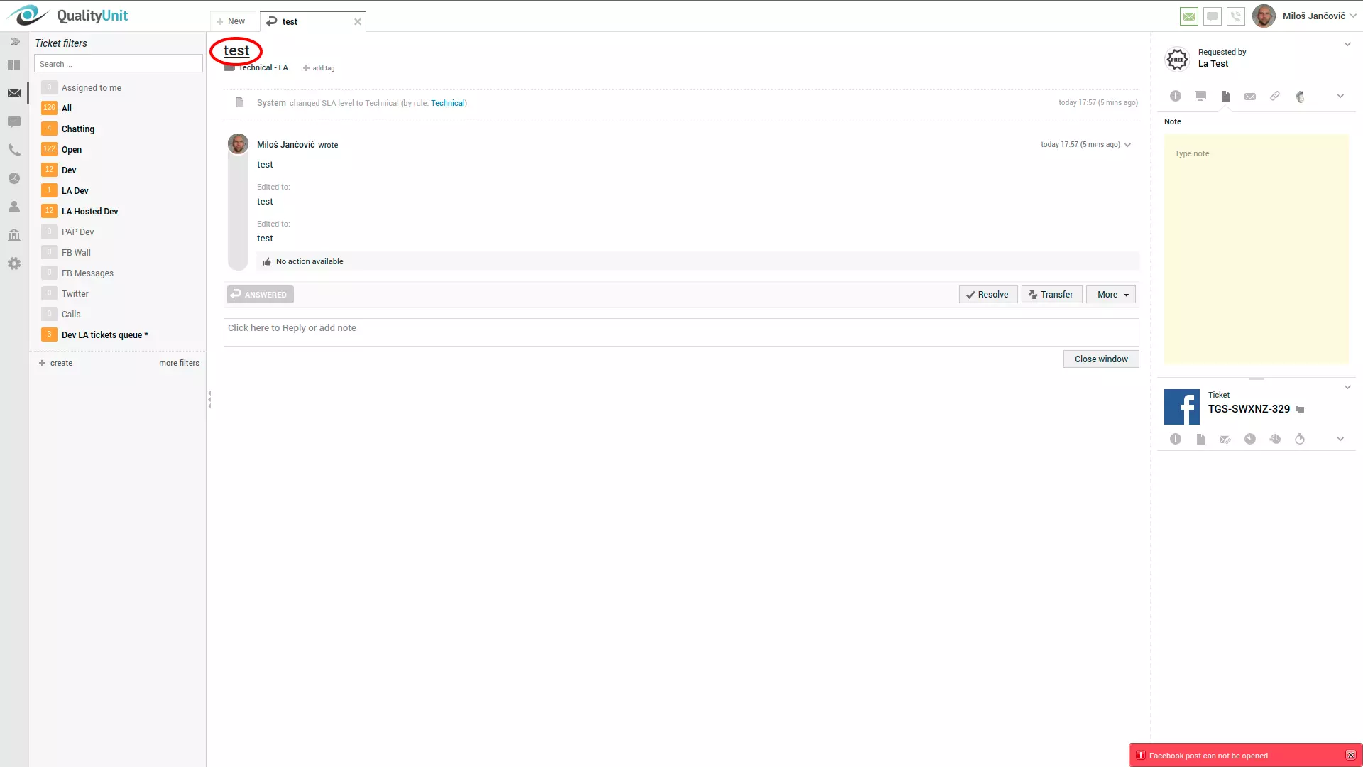 Greška Facebook objave u desnom kutu korisničkog sučelja LiveAgent-a