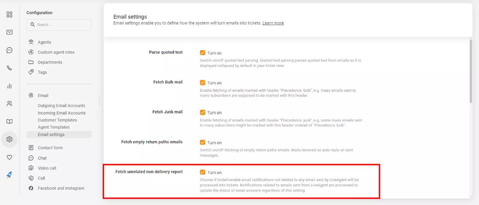 Postavke e-pošte u LiveAgent-u koje pokazuju opciju 'preuzmi nepovezanu izvješću o neisporuci'