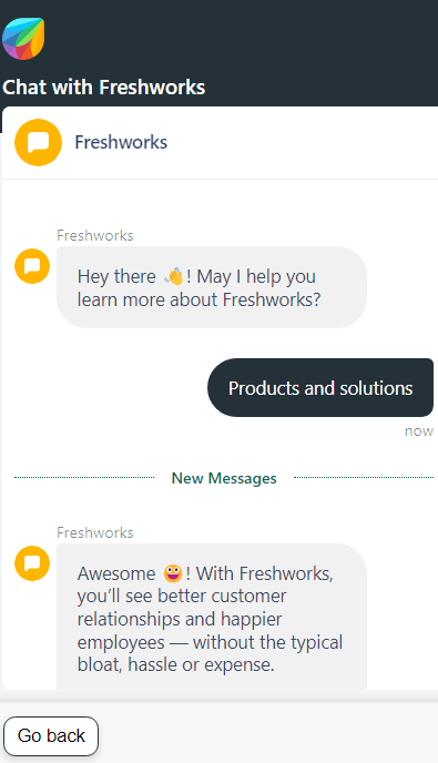 Slika pokazuje razgovor između kupca i chatbot-a u Freshdesk-u