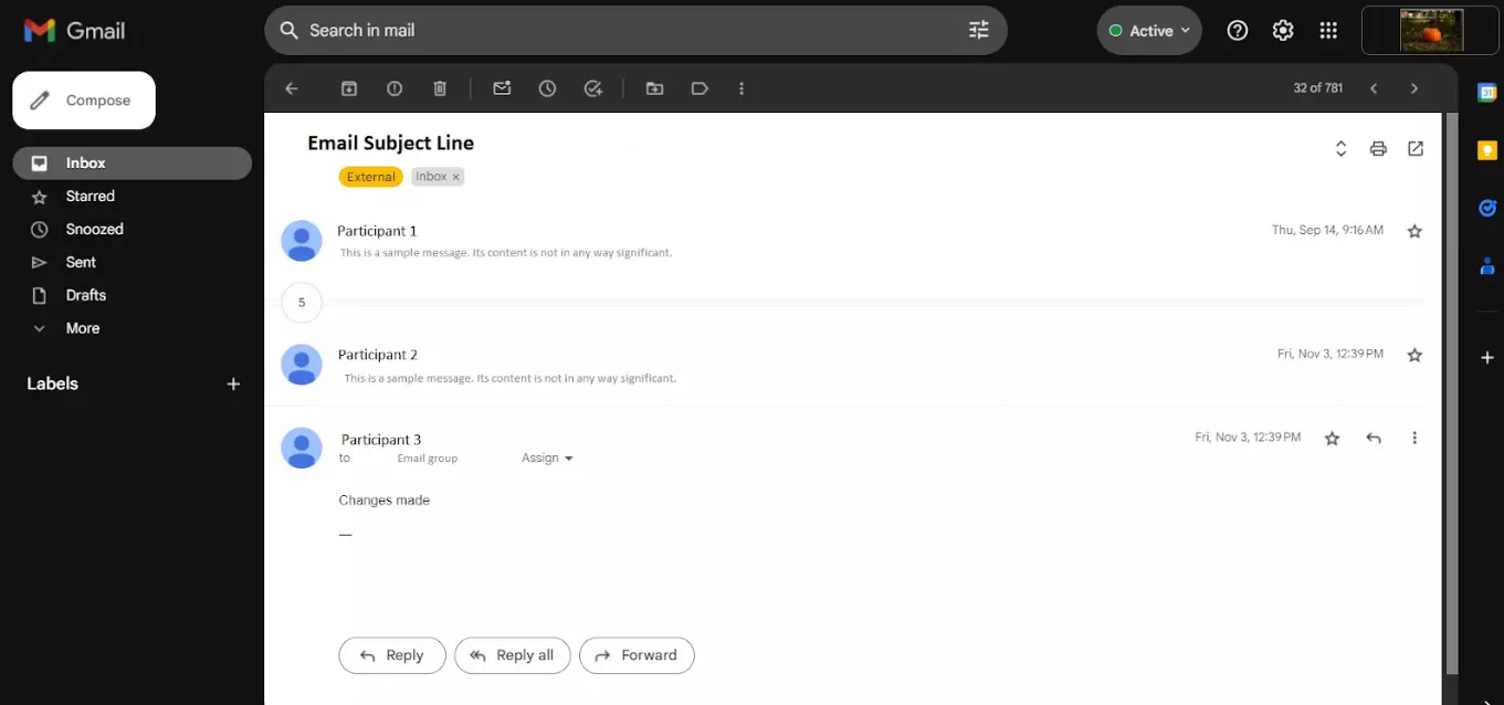 Primjer niti e-pošte između više sudionika tijekom vremena