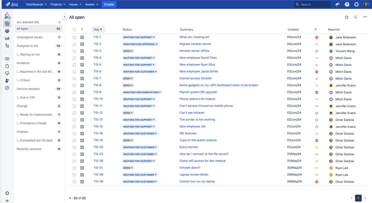 Prikaz reda naloga u Jira Service Managementu s vrstama statusa