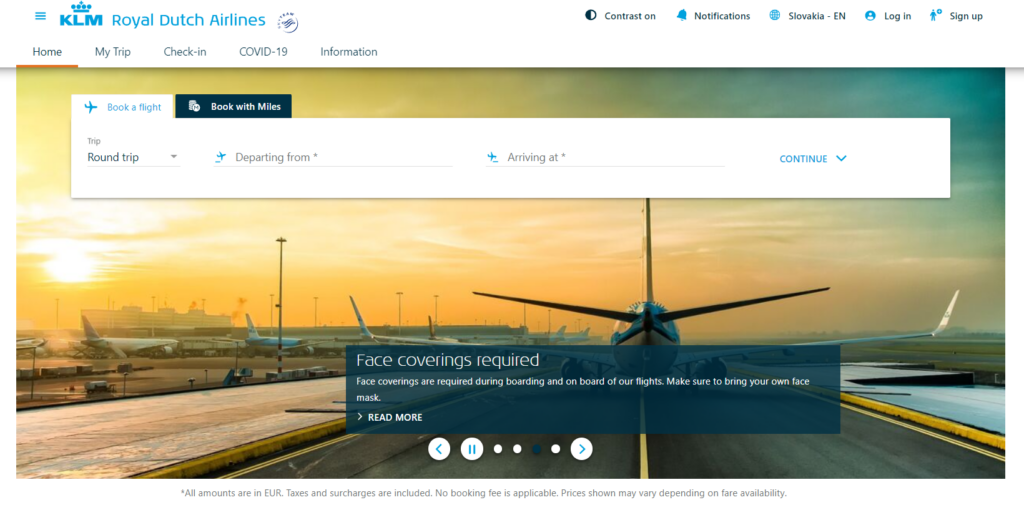 KLM Royal Dutch airlines homepage
