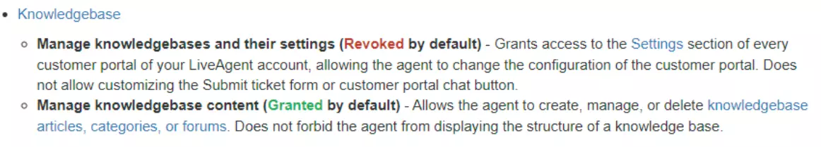 Slika koja pokazuje primjere različitih dozvola koje korisnici mogu imati u vezi s njihovom bazom znanja