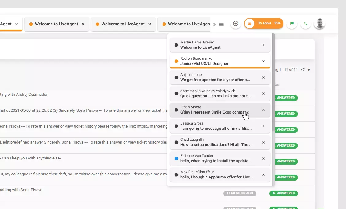 LiveAgent - Popis otvorenih tiketa