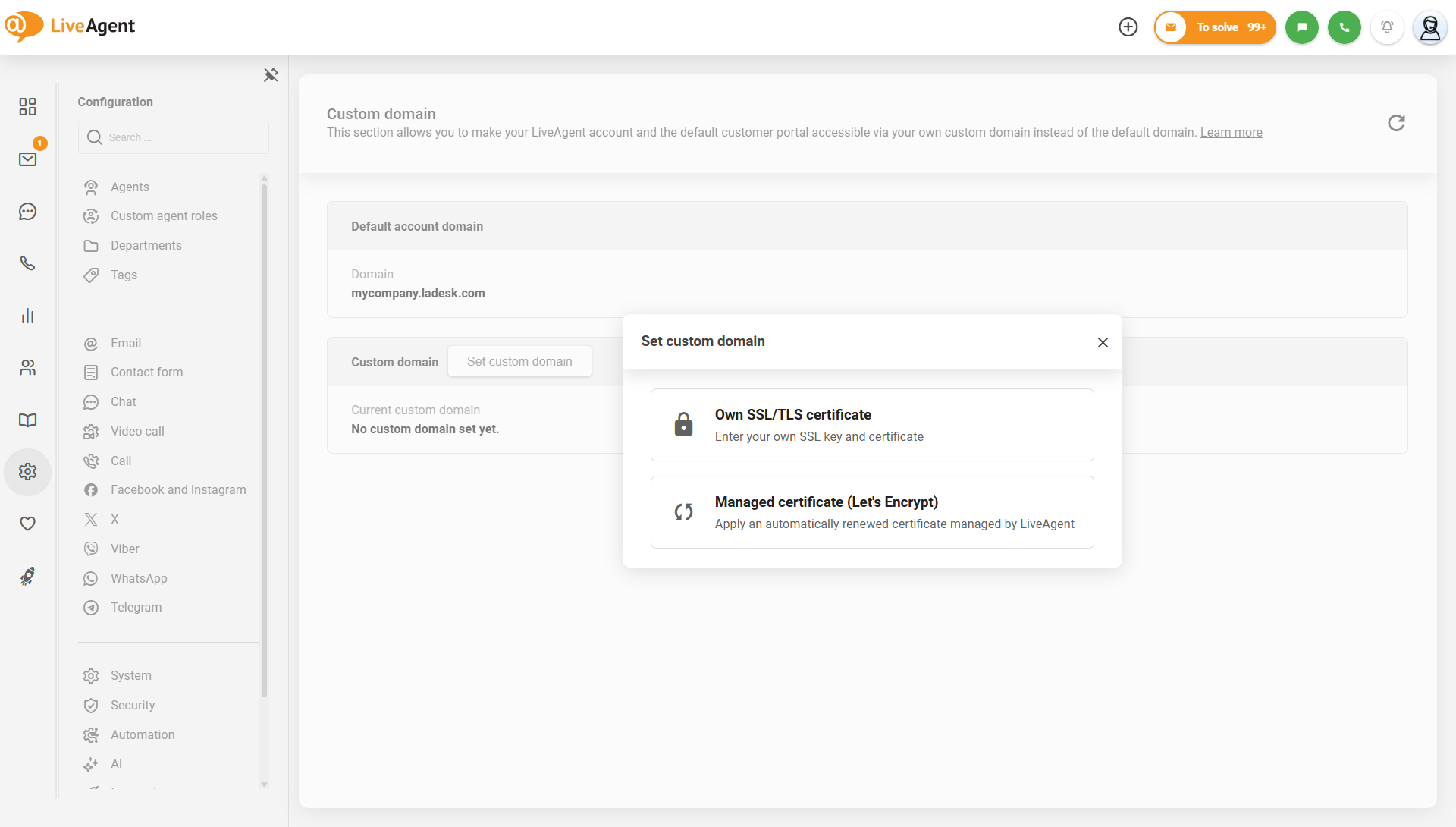 Postavke prilagođene domene LiveAgenta s opcijom upravljanog Let's Encrypt certifikata