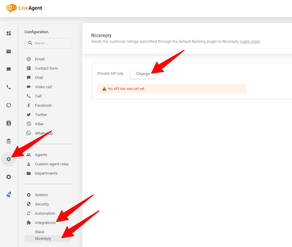 Slika pokazuje gdje postaviti generirani API ključ na vašem LiveAgent računu