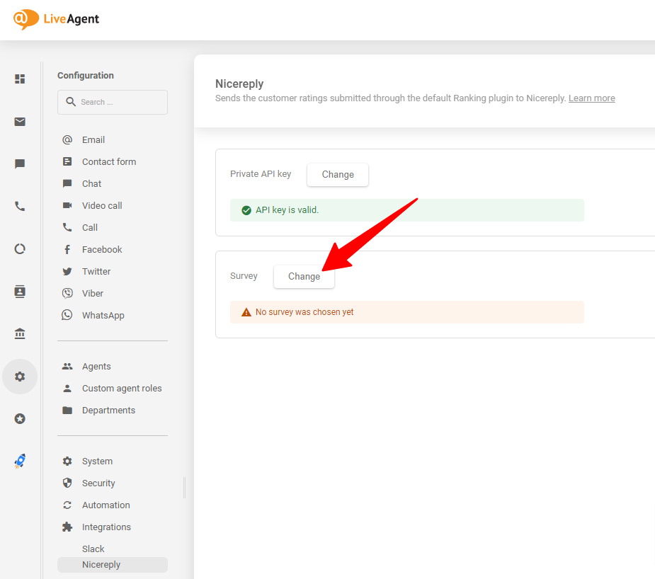 Odaberite Nicereply anketu koju želite nakon što zalijepite API ključ na svoj LiveAgent