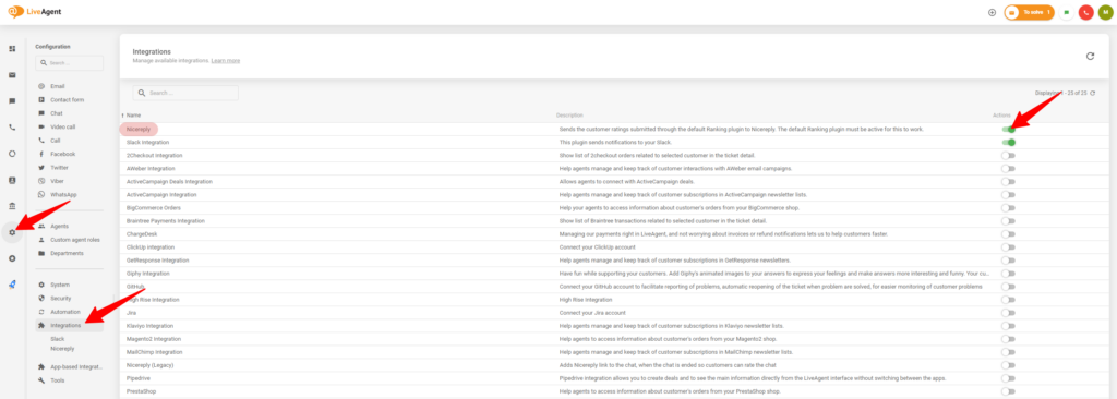 Proces omogućavanja integracije s Nicereply-om u postavkama LiveAgent-a