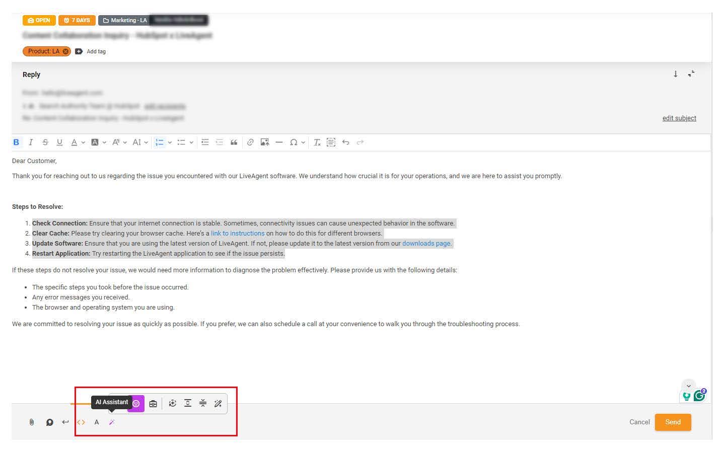 Sučelje LiveAgent-ovog AI asistenta za odgovore