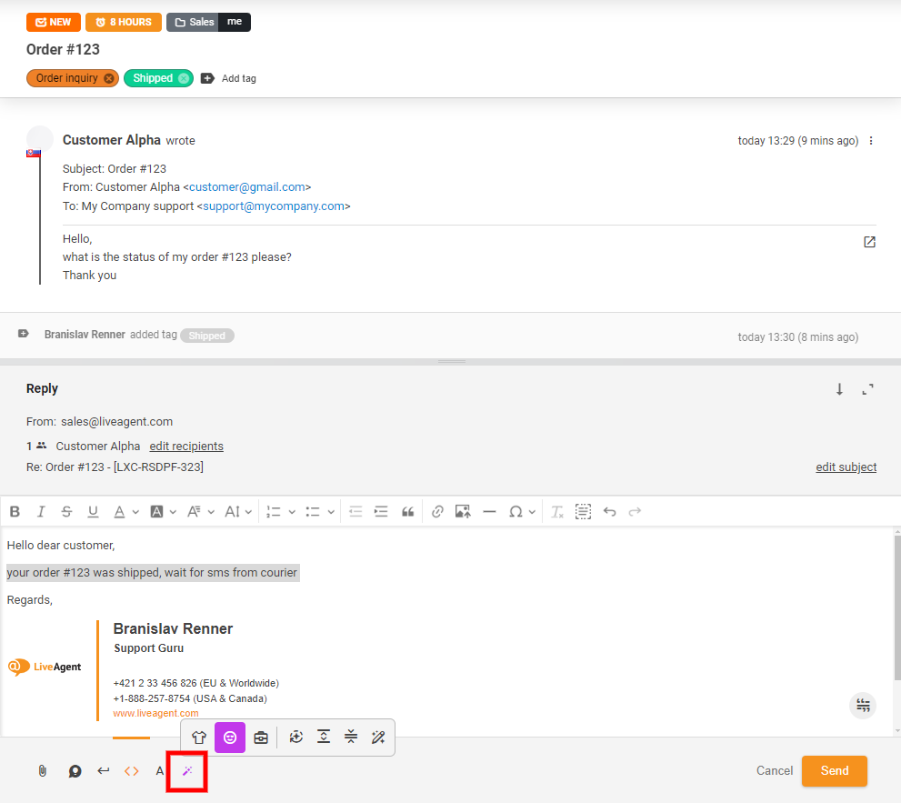 Snimak zaslona AI Answer Assistant gumba u prikazu razgovora