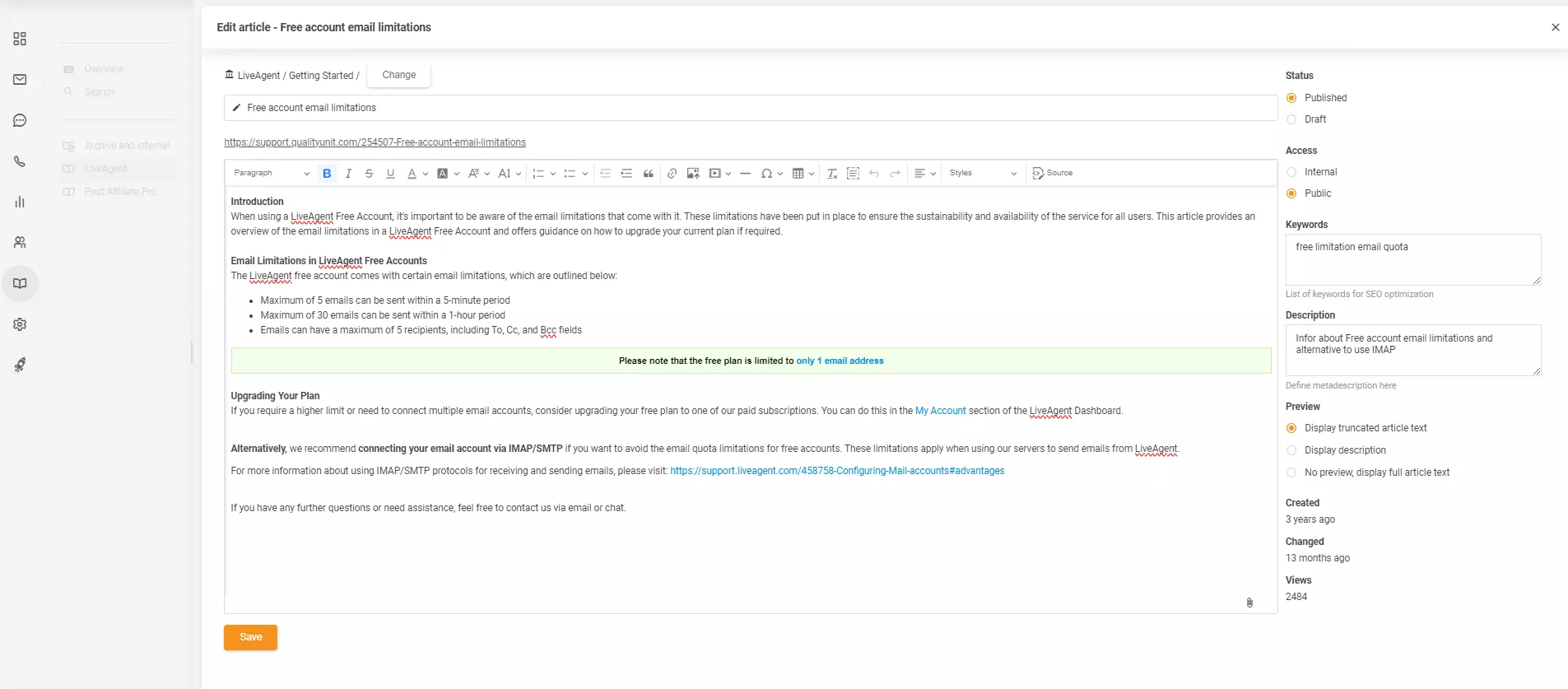 Editor članaka u LiveAgent-u