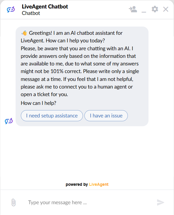 Prozor chata LiveAgent-a koji prikazuje AI chatbot pozdrav s dva gumba za odgovor koji se mogu kliknuti za pomoć pri postavljanju i prijavu problema