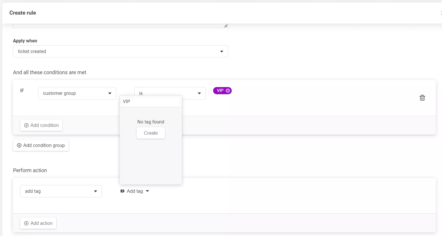 Snimak zaslona odjeljka za stvaranje pravila, koji pokazuje kako dodati novu oznaku.