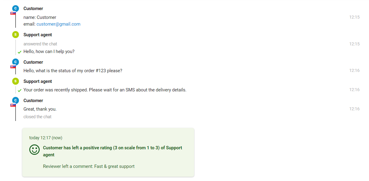 Slika pokazuje interakciju između kupca i agenta podrške, gdje agent može vidjeti ocjenu na kraju poruke