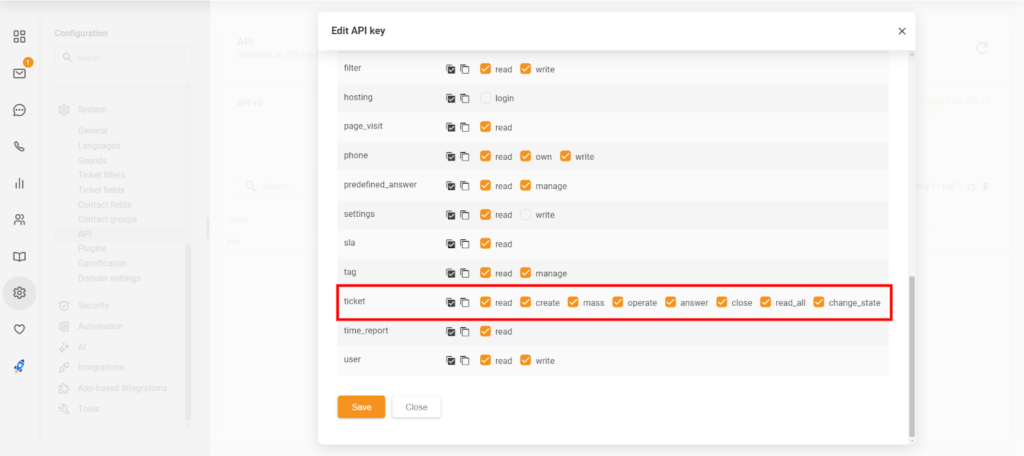 Odjeljak Uredi API ključ u LiveAgent-u koji pokazuje nove dozvole 'close' i 'change_state'