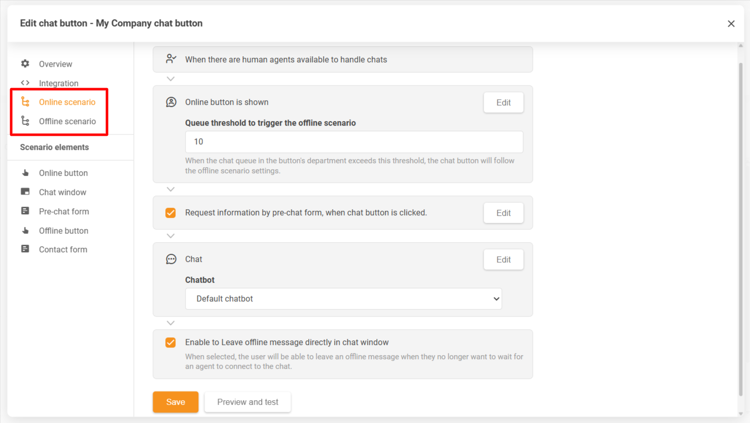 Prozor konfiguracije gumba za chat LiveAgent-a koji prikazuje scenarije kada je online i offline