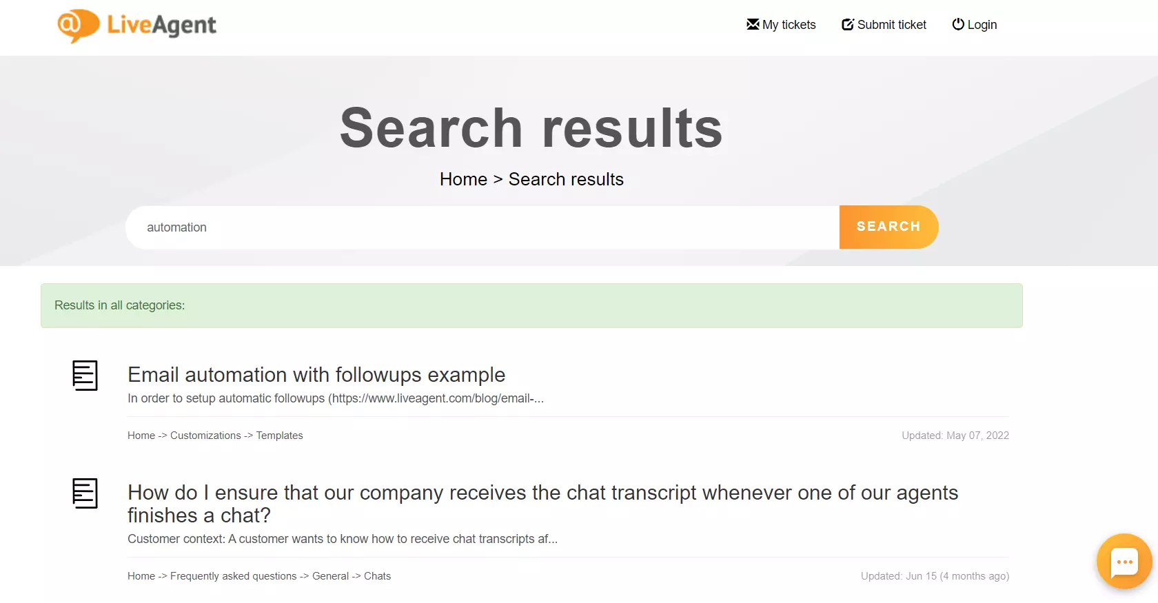 Značajka pretrage baze znanja LiveAgent