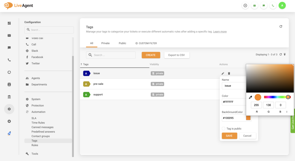Ažuriranje postavke promjene boje oznake u LiveAgent-u