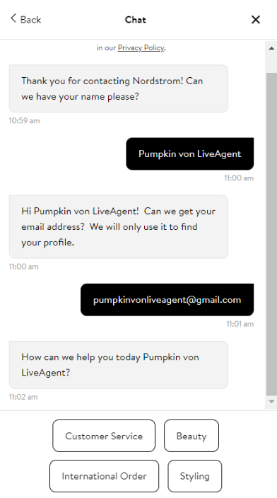 Značajka chatbota Nordstrom-a